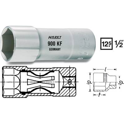Nástrčný kľúč 900 KF od Hazet, 1/2 palca, s technickým výkresom, zobrazujúci vnútorný pohľad a rozmery nástroja.