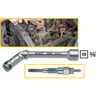 Mechanik používa náradie Hazet na automobilovom motore. V spodnej pravej časti je zobrazený detailný pohľad na žeraviaca sviečka.