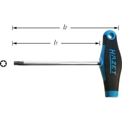Torx skrutkovač s T-rukoväťou od HAZET. Vľavo znázornené rozmery l1 a l2 pre dĺžku tyče a celkovú dĺžku.