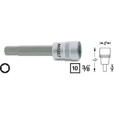 Šesťhranný kľúč, veľkosť 10 mm, dĺžka 3/8 palca, značka Hazet, obrázok zobrazuje detailné rozmery kľúča.