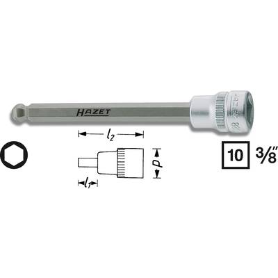Šesťhranný nástrčný kľúč značky Hazet s detailmi o veľkosti: 10 mm, 3/8-palcový pohon, s údajmi o dĺžke a profile.