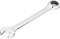Strieborný vidlicový kľúč s račňovou hlavou, označený '14 mm'. Navrhnutý na uťahovanie a uvoľňovanie skrutiek a matíc.