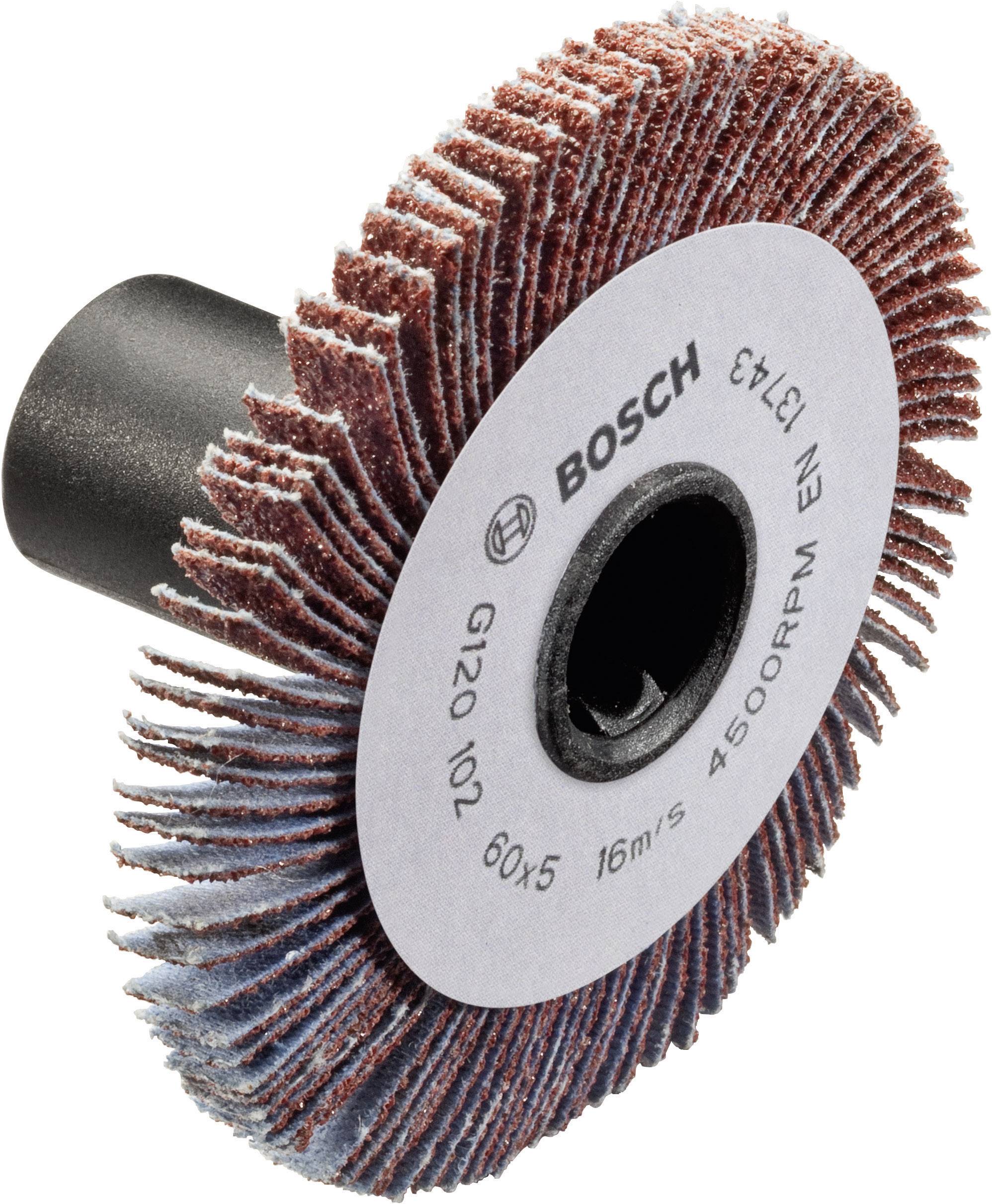 Brúsny kotúč značky Bosch, vhodný pre brúsky, s červeno-modrými lamelami a indikáciou pre 4500 otáčok za minútu.