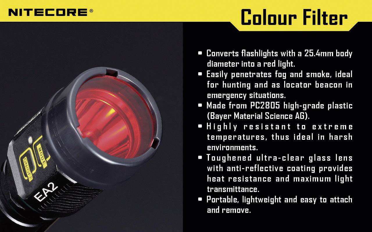 Filter farieb NITECORE. Premení svetlo baterky na červené svetlo. Vyrobený z plastu PC2805. Odolný voči teplu a nárazom.
