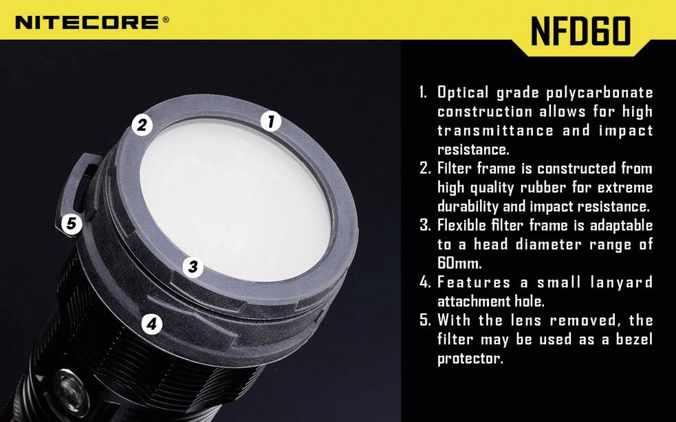 Svietidlo NFD60 od Nitecore. Optický polykarbonát, flexibilná gumová konštrukcia, prispôsobiteľná pre 60mm objektívy, s úchytkou na prenášanie.