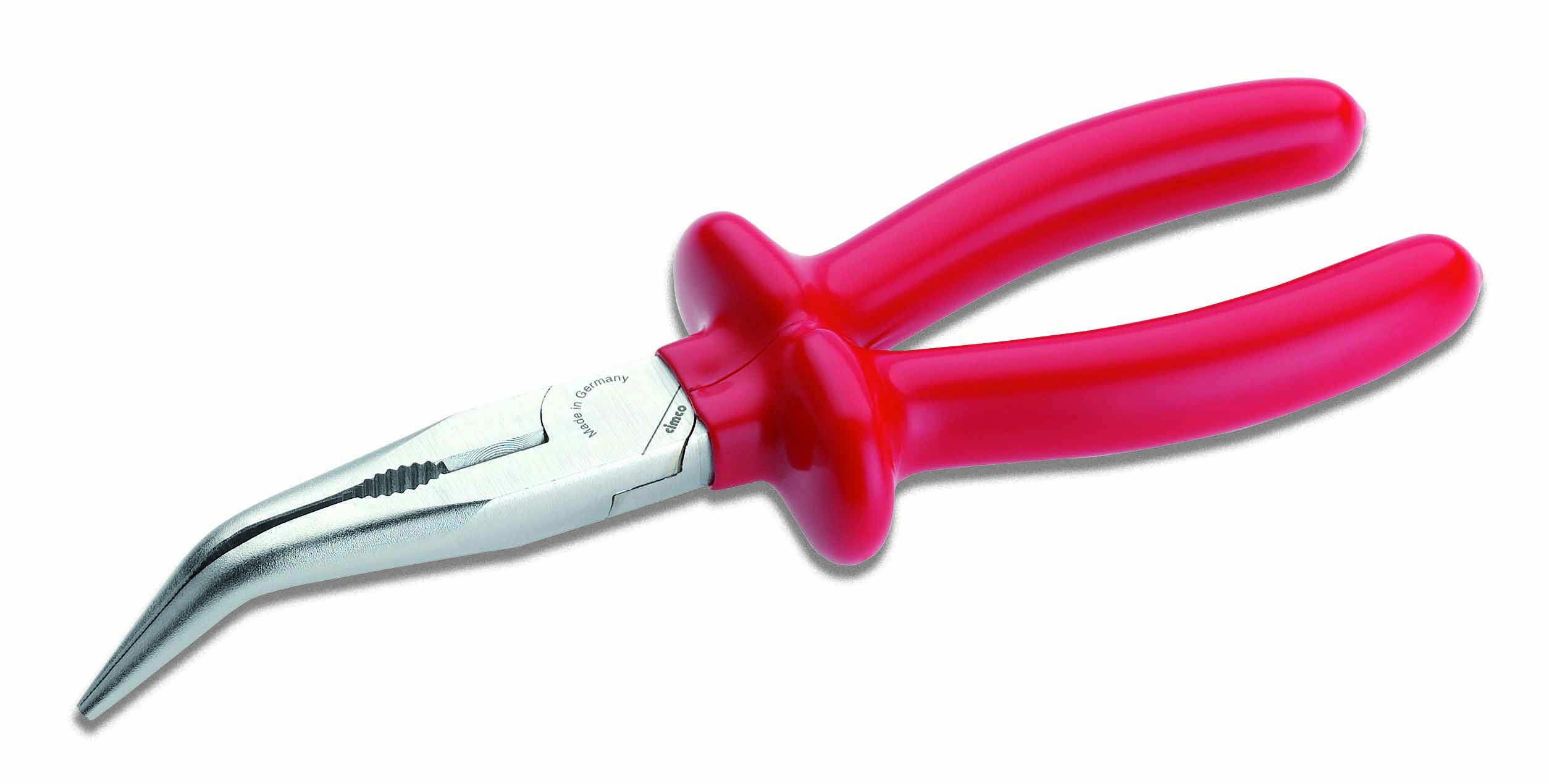 Červené špicovaté kliešte so zahnutými hrotmi a izolovanou rukoväťou, vhodné na uchopenie malých predmetov v ťažko dostupných oblastiach.