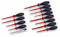 Sada jedenástich skrutkovačov rôznych veľkostí, niektoré s izolovanými rukoväťami, je zobrazená. Jedna skrutkovačka svieti.