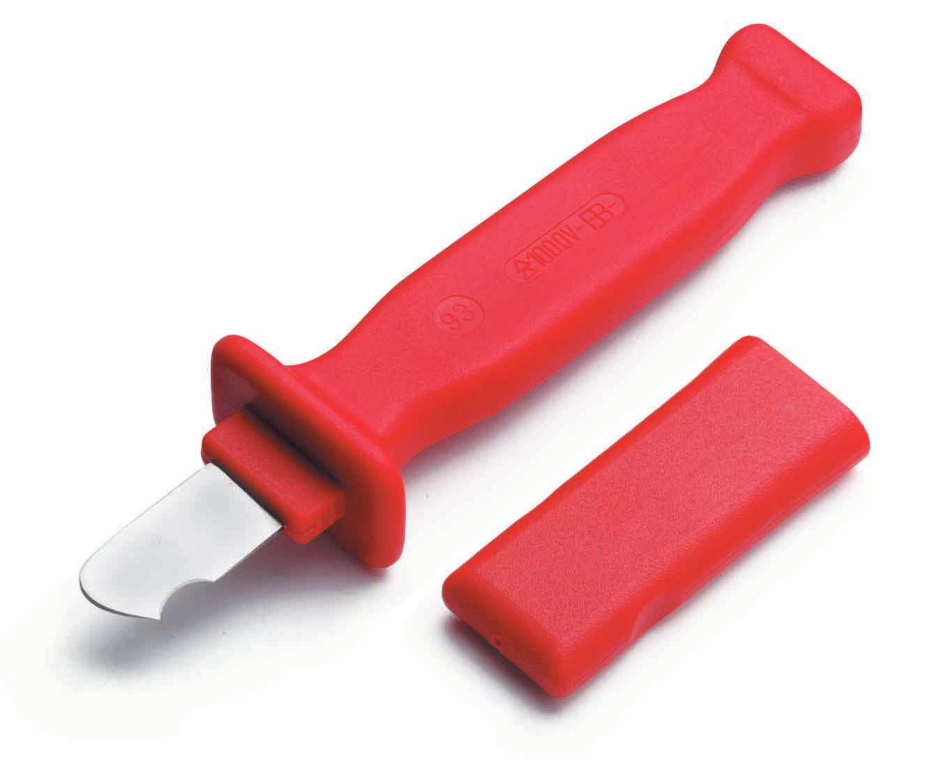 Červený kábový nôž s ergonomickou rukoväťou, zaobtenou čepeľou a odnímateľným krytom, ideálny pre bezpečné rezanie káblovej izolácie.