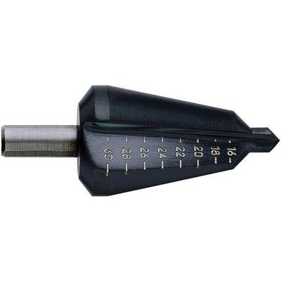 Stupňovitý vrták z ocele s metrickými značkami od 16 do 30 mm na vŕtanie otvorov rôznych priemerov.