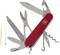 Červený švajčiarsky vreckový nožík s vyloženými nástrojmi: čepeľ, nožnice, pilník, skrutkovač, otvárač na konzervy a vývrtka.