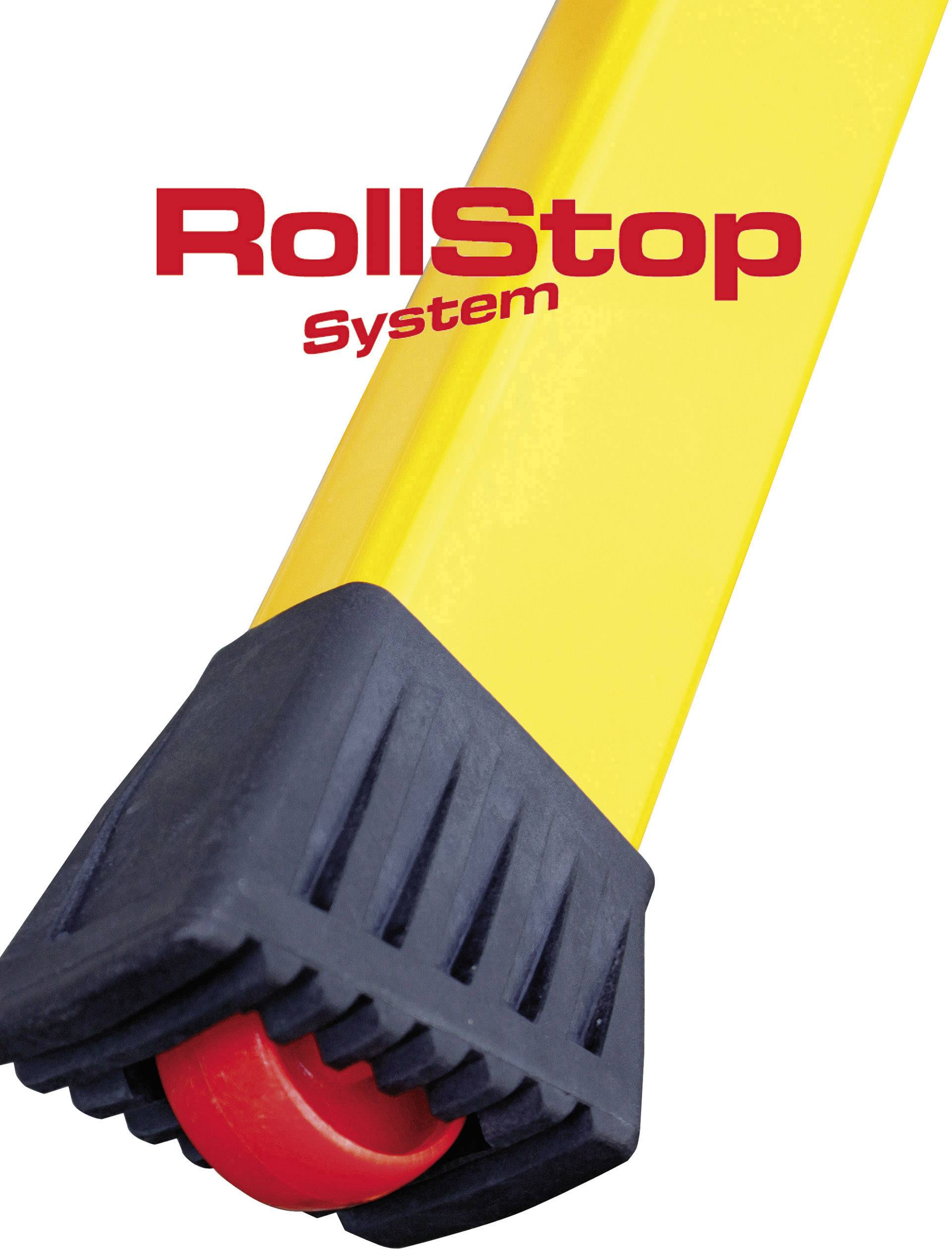 Žltá podpora s čiernou a červenou brzdou kolies. Text 'RollStop Systém' v červenej farbe. Zabraňuje posunutiu alebo pohybu.