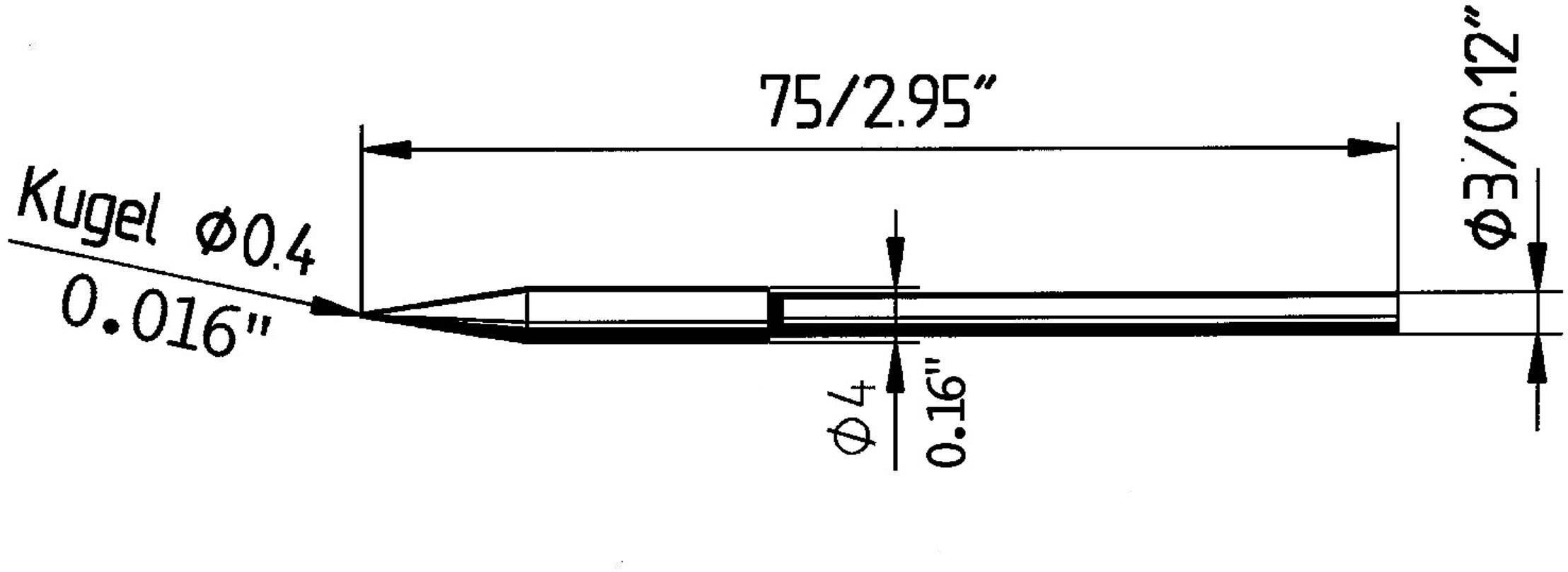 Technický výkres pera s rozmermi: celková dĺžka 75 mm (2,95"), priemer guľôčky 0,4 mm, priemer tela 3 mm.
