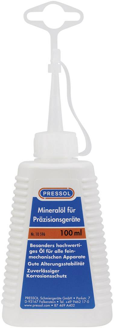 Olejová fľaša od PRESSOL, 100 ml, pre presné prístroje. Popis: Mimoriadne kvalitný olej, vhodný pre jemno-mechanické zariadenia, spoľahlivá ochrana proti korózii.