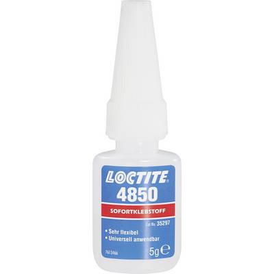 'Okamžité lepidlo Loctite 4850' fľaša, 5g, katalógové číslo 35297. Vlastnosti: 'Veľmi flexibilné', 'Univerzálne použiteľné'.