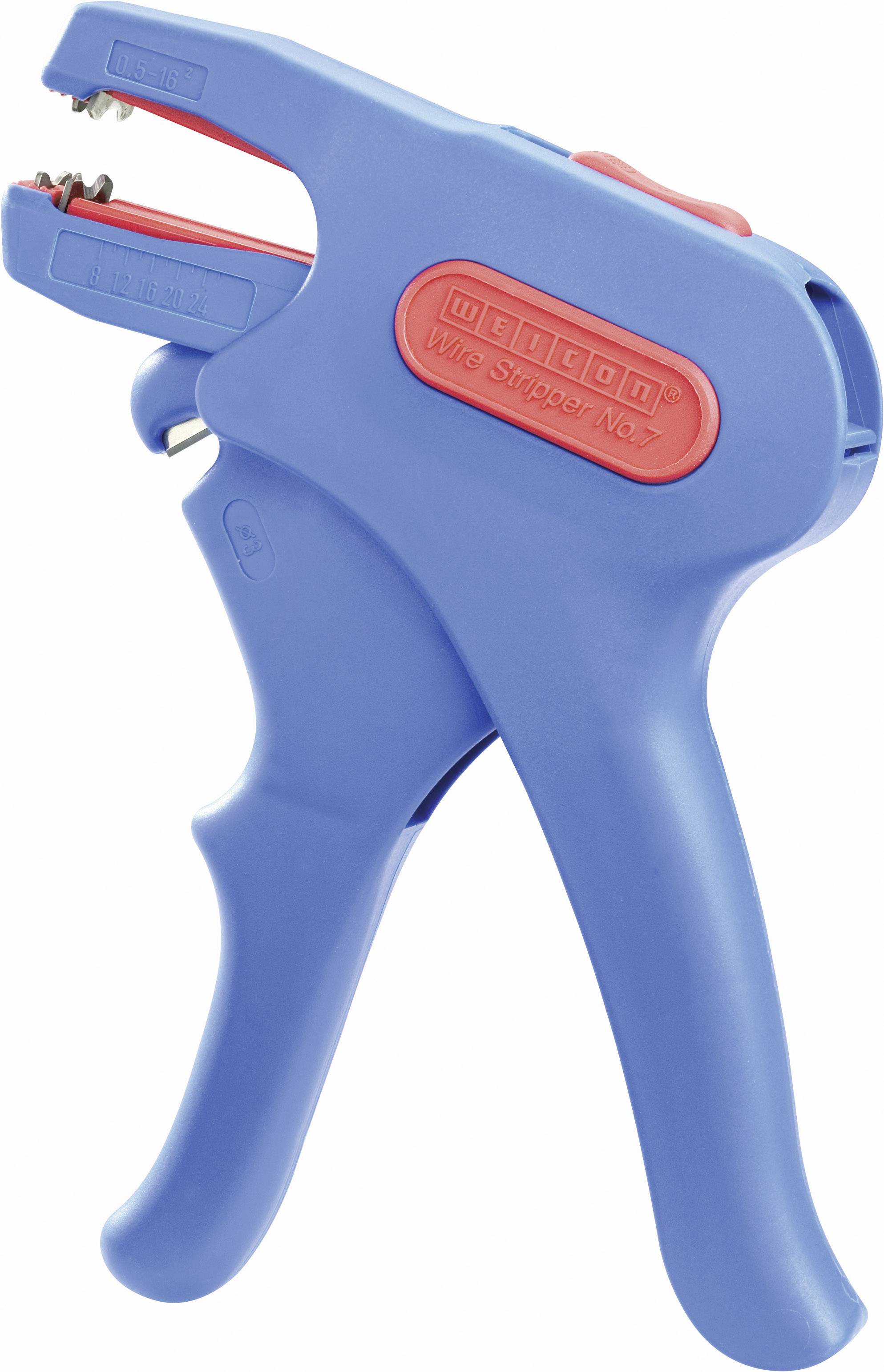 Odizolovacia kliešte v modrej a červenej farbe, používané na odstraňovanie izolácie z káblov. Ergonomický dizajn pre pohodlné uchopenie.