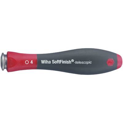 Rukoväť skrutkovača Wiha SoftFinish Teleskopický úchyt, ergonomická, červeno-čierna, s vyznačením veľkosti 'PZ4'.