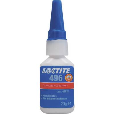 Obrázok znázorňuje fľašu rýchleho lepidla 'Loctite 496', vhodného pre kovové spoje, s modro-bielym označením.