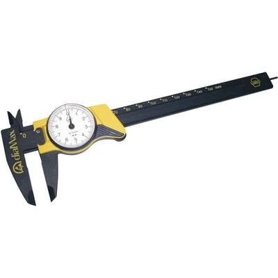Posuvné meradlo s žltým a čiernym púzdrom, analógovým meracím prístrojom a stupnicou od 0 do 150 mm pre presné merania.