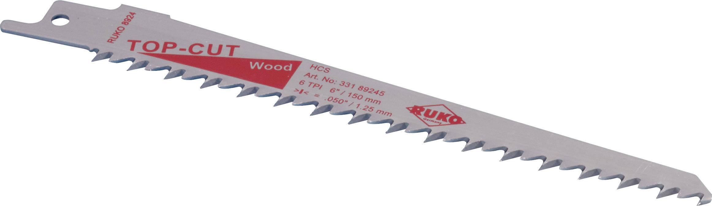 Kovový list do priamočiarej píly s nápisom 'Ruko TOP-CUT Wood'. Vhodný na drevo, s pilovitým ozubením pre presné rezacie práce.