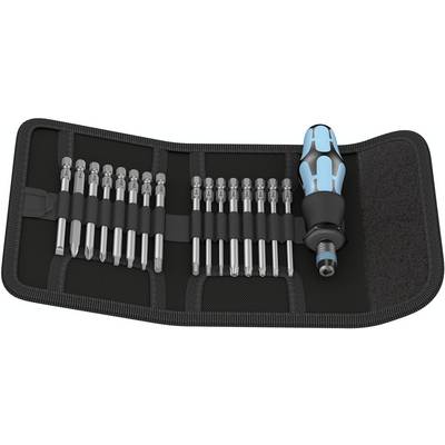 Sada skrutkovačov s rôznymi bitmi v otvorenej čiernej taške. Rukoväť je ergonomická a modro-čierna.