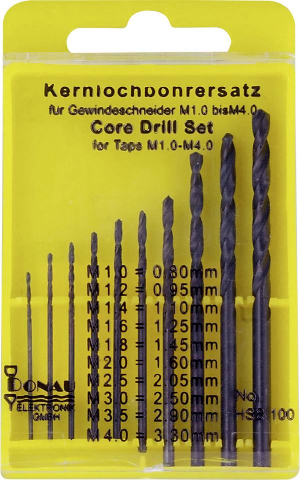 Donau Elektronik HSS100 HSS sada jadrových vrtákov, 10-dielna, 0.8 mm, 0.95 mm, 1.1 mm, 1.2 mm, 1.45 mm, 2.05 mm, 2.5 mm, 3.3 mm, DIN 338, valcová stopka, 1 sada