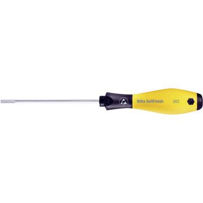Skrutkovač so žltou rukoväťou a čiernym hrotom, označený nápisom 'Wiha SoftFinish 302'. Ideálny pre presné práce.