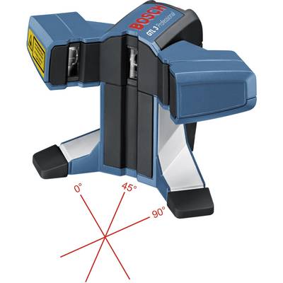 Bosch GLM 90° linkový projektor. Zobrazuje tri červené línie pod uhlom 0°, 45° a 90°, vhodný pre presné meranie uhlov v stavebných projektoch.