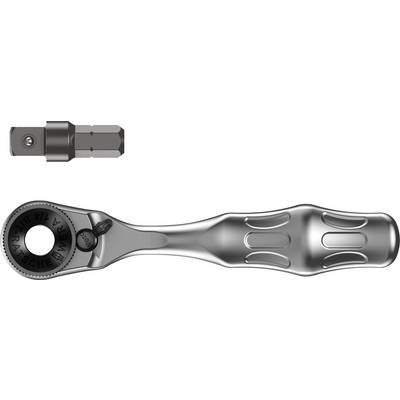 "Kĺbový skrutkovač": Strieborný, ergonomický skrutkovač s račňovým mechanizmom a vymeniteľnou bitovou hlavicou.