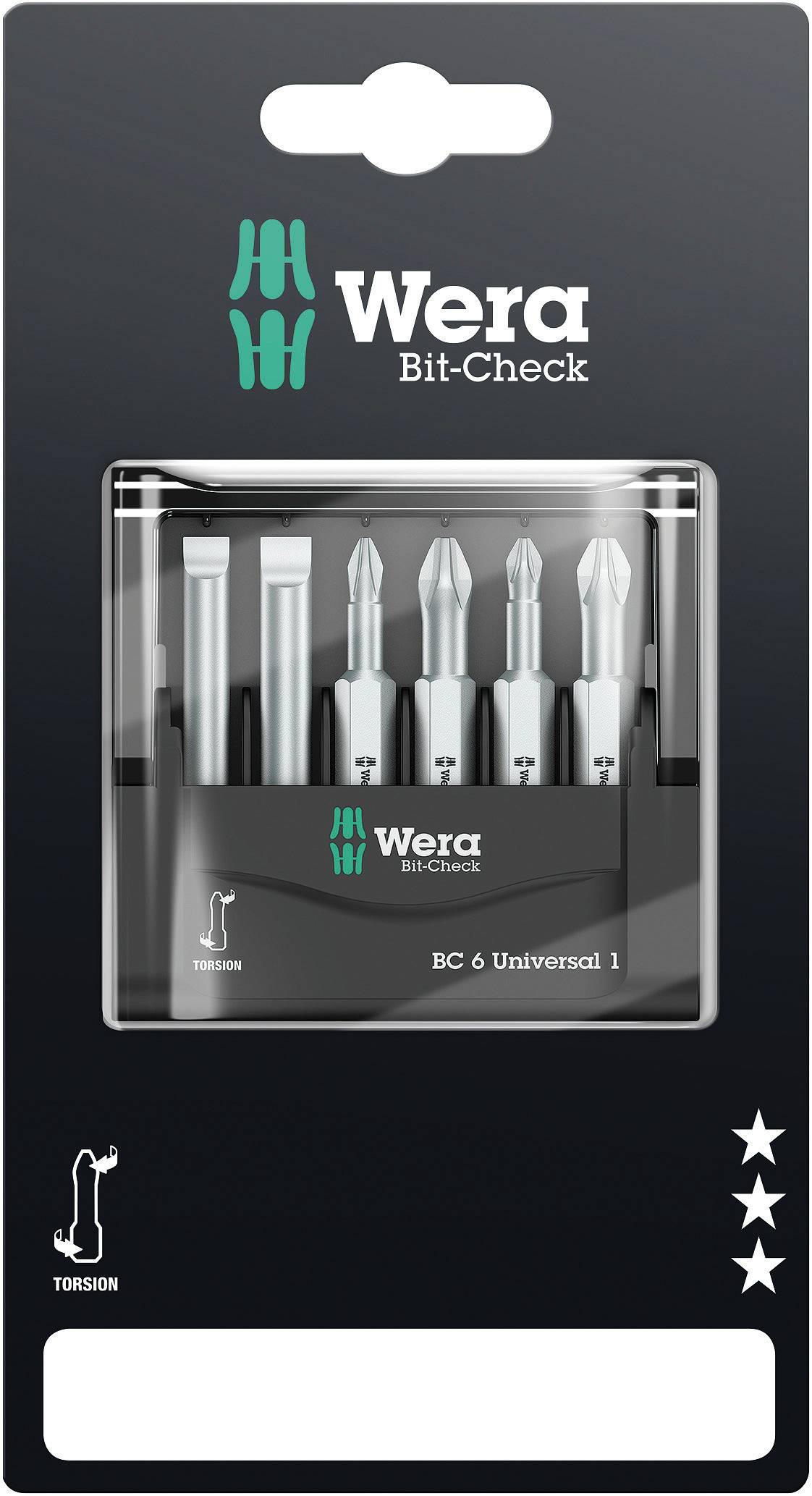 Balenie 'Wera Bit-Check BC 6 Universal 1' obsahuje šesť rôznych skrutkovacích bitov. Vybavené torznou technológiou pre zlepšenú trvanlivosť.