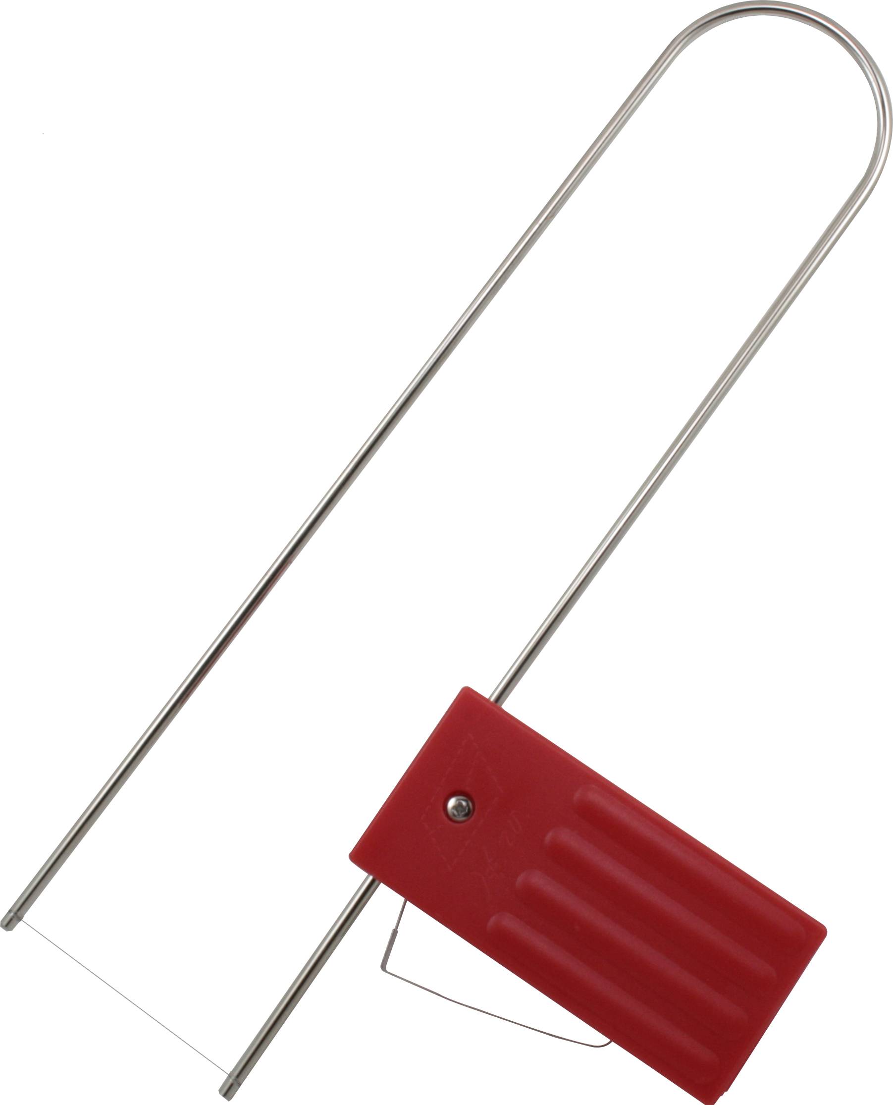 Kovový strmeň s červeným plastovým držadlom a napnutým drôtom, pravdepodobne určený na strihanie.