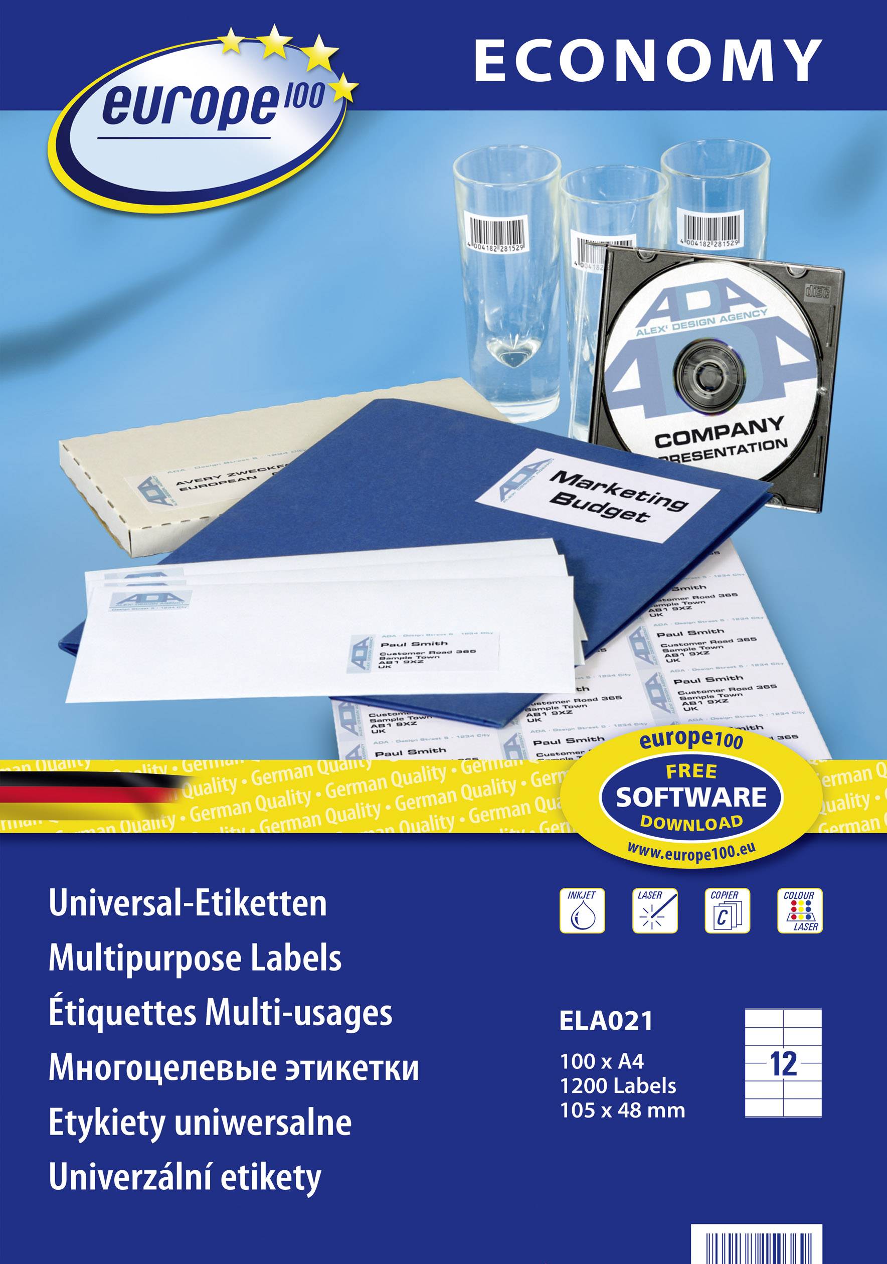 Balenie univerzálnych etikiet značky Europe100. Obsahuje 1200 etikiet, rozmer 105 x 48 mm, so zadarmo sťahovateľným softvérom.