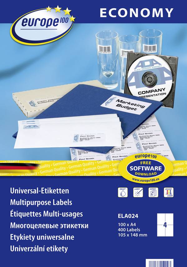Europe 100 ELA024  105 x 148.5 mm papier  biela 400 ks trvalé univerzálne etikety atrament, laser, kópie