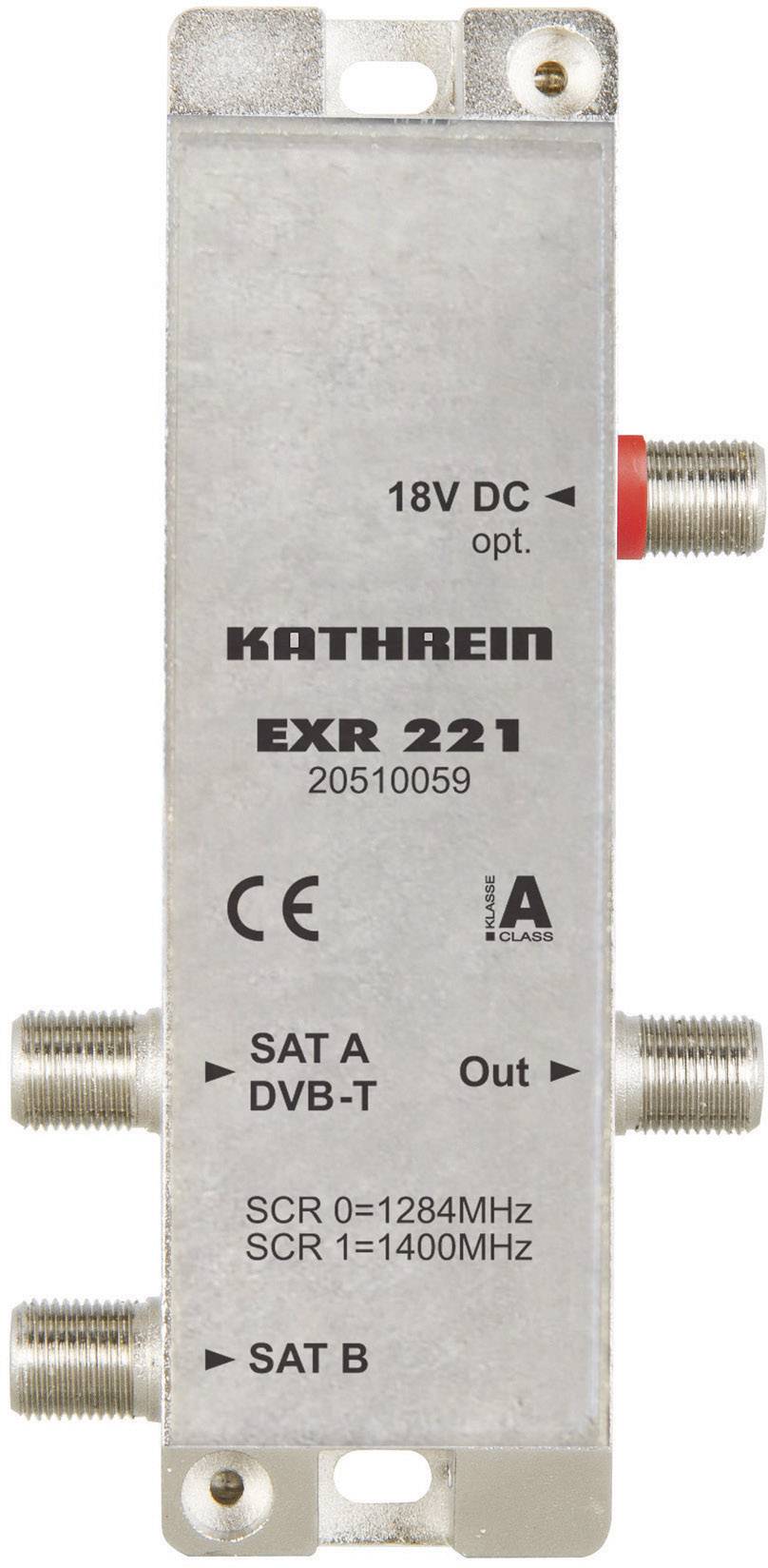 Kathrein SAT rozdeľovací systém EXR 221 s prípojkami pre SAT A, SAT B a DVB-T vrátane technických detailov o frekvencii.