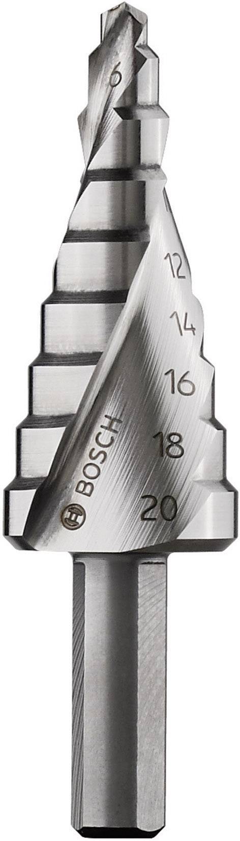 Stupňovitý kovový vrták s kužeľovým tvarom pre rôzne priemery vrtania od 6 do 20 mm, viditeľná značka výrobcu.