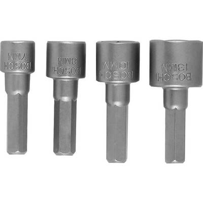 Štyri sivé nástavce skrutkovača v rôznych veľkostiach (7 mm, 8 mm, 10 mm, 13 mm) sú usporiadané vedľa seba.