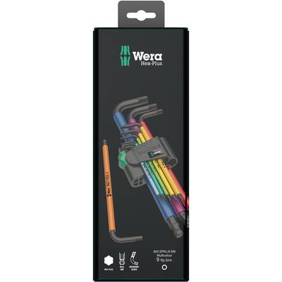 Sada ručného náradia 'Wera Hex-Plus' s deviatimi farebnými imbusovými kľúčmi v kompaktnom držiaku, zobrazená na obale.