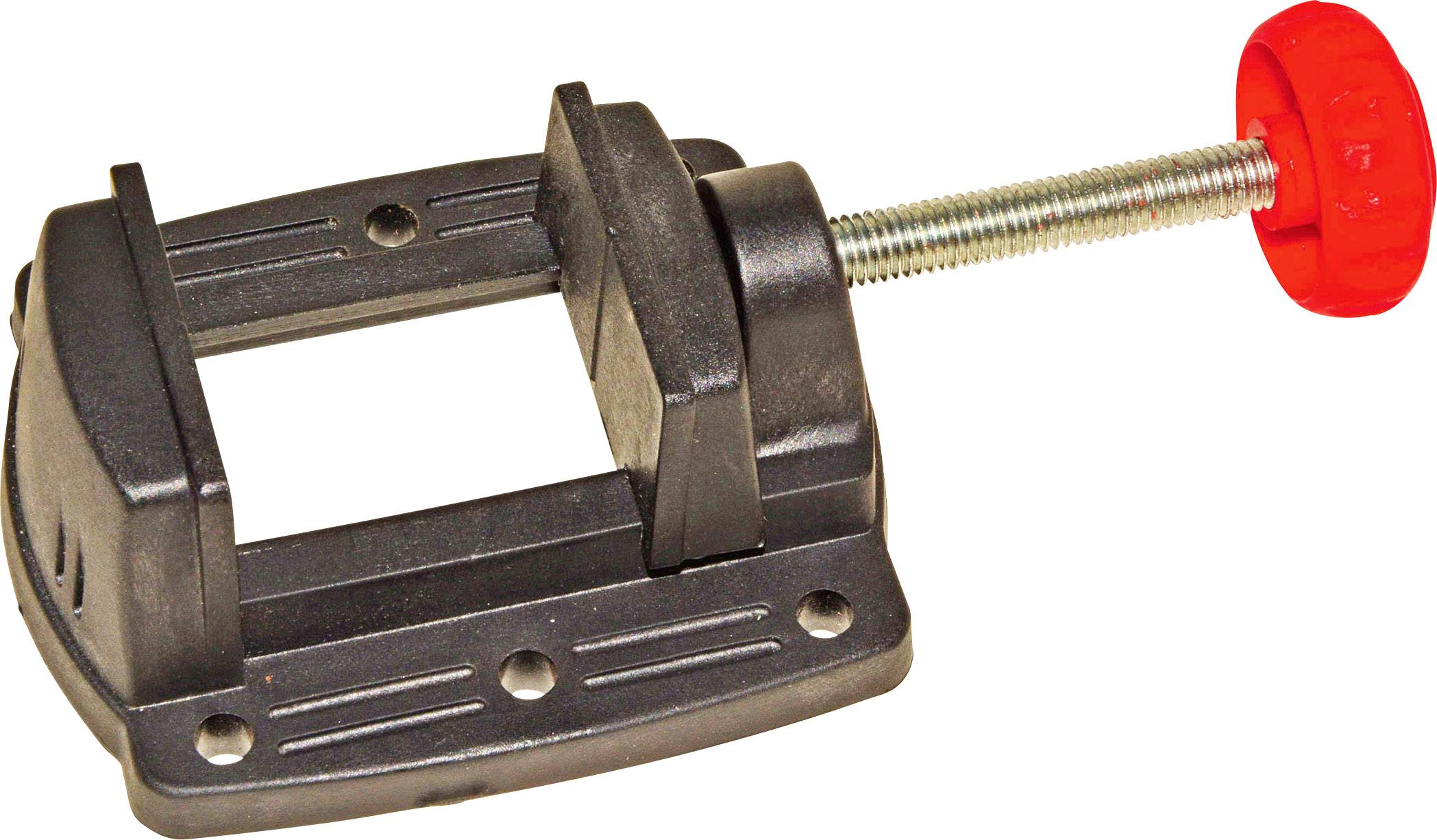 Kovový zverák s čiernym telom a červeným otočným gombíkom. Vhodný na uchytenie malých predmetov počas opracovania.