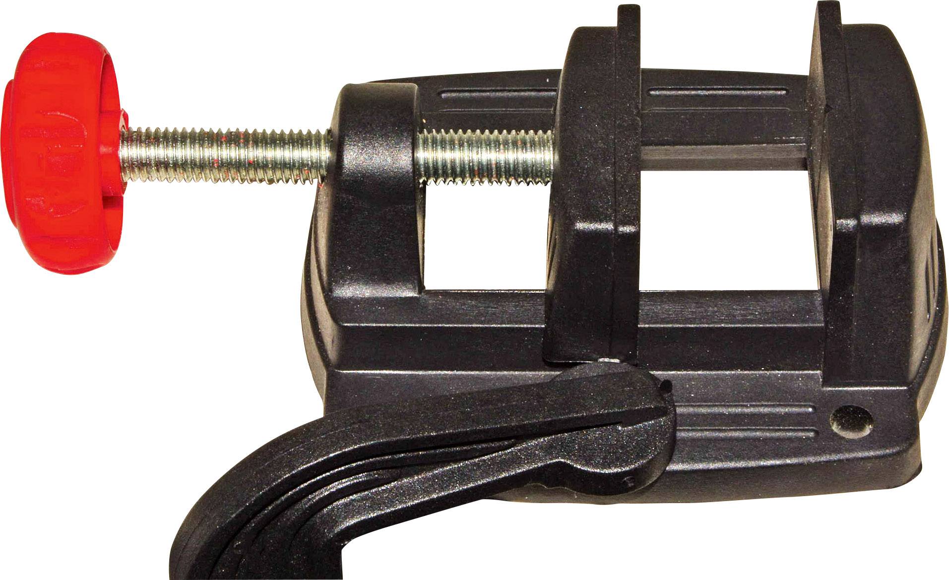 Čierny zverák s červenou otočnou rukoväťou určený pre jemnomechanické práce. Je malý a možno ho upevniť na rôzne povrchy.