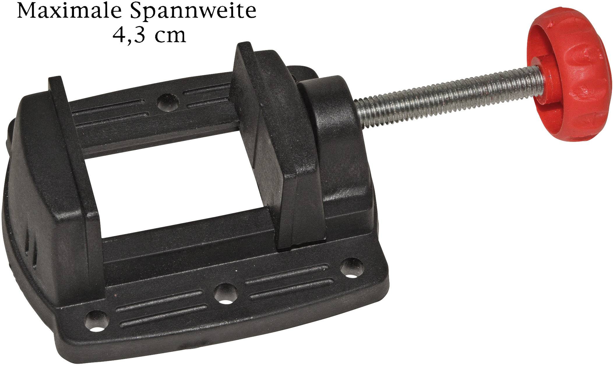Zverák s maximálnym rozponom 4,3 cm, tmavý s červenou rukoväťou, vhodný na upevnenie malých obrobkov.