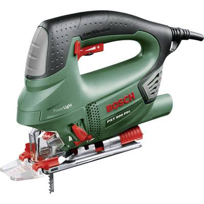 Zelená priamočiara píla Bosch s červeným a čiernym detailom, model PST 900 PEL, vľavo vpredu firemný názov.