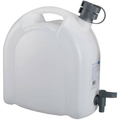 Biely, obdĺžnikový kanister na vodu s malým výtokovým ventilom a veľkým skrutkovacím uzáverom hore. Vhodný pre kempovanie alebo outdoorové aktivity.