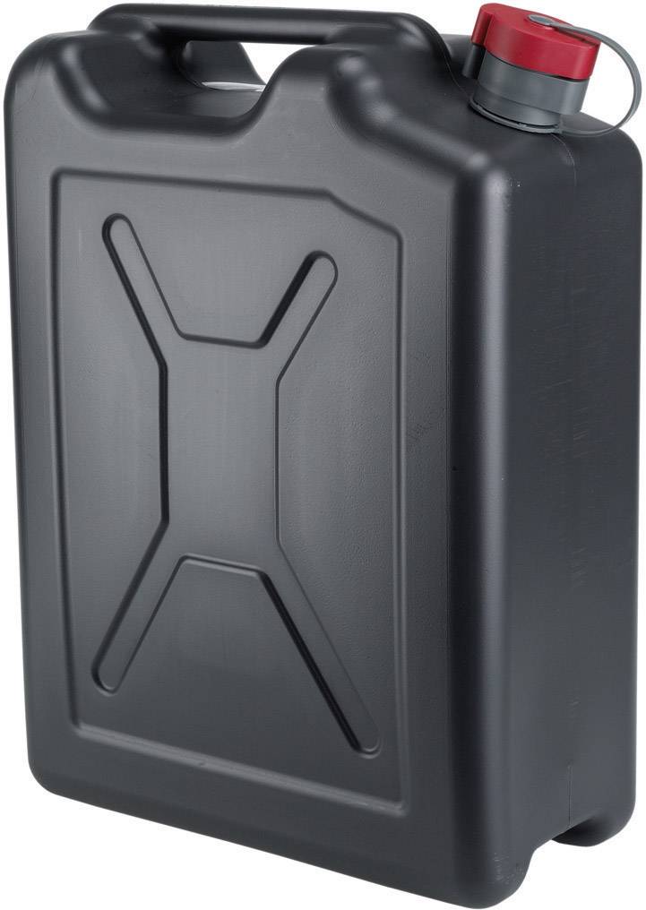 Čierny kanister s červeným uzáverom, vhodný na skladovanie kvapalín, zobrazený pred neutrálnym pozadím.