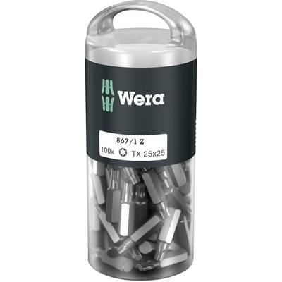 Balenie 100 ks Wera Torx bitov, veľkosť TX 25x25, v priehľadnom plastovom kontajneri s odnímateľným vekom.