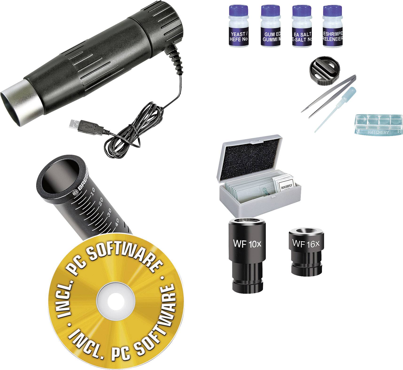 USB digitálny mikroskop so softvérom, pipetami, podložnými sklíčkami, zoomovacími šošovkami (10x, 16x) a nádobkami na vzorky.