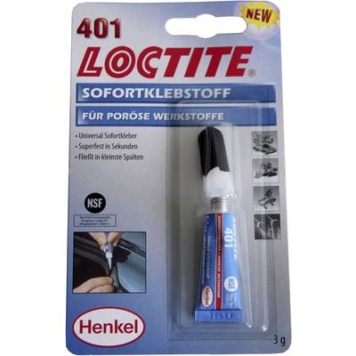 Lepidlo 'Loctite 401' pre pórovité materiály. Obal zobrazuje tubu s aplikátorom. Vlastnosti: Univerzálne lepidlo, rýchloschnúce.