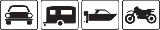 Auto, príves, čln a motocykel ako čierne symboly v štvorcových rámoch vedľa seba.
