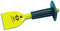 Žltý plochý sekáč s čiernou rukoväťou a ochranou ruky, s nápisom '3,8x75 mm 3"'. Nástroj na opracovanie materiálov.
