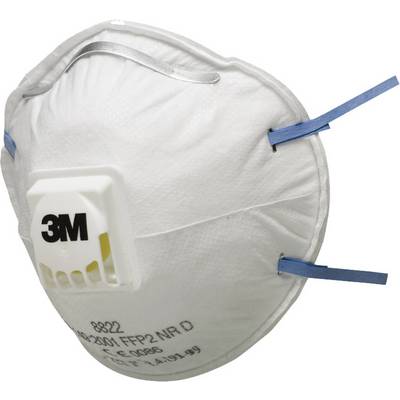 Biela FFP2 maska s ventilom a modrými gumičkami, potlačená logom '3M' na prednej strane. Vhodná na ochranu dýchacích ciest.