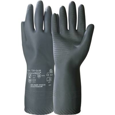 Dva sivé gumové ochranné rukavice so štruktúrovaným povrchom s nápisom 'CAMAPREN Art. 720 Gr. 08'. Vhodné na ochranu pred chemikáliami.