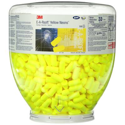 Žltý kontajner so žltými zátkmi do uší od 3M, model 'E-A-Rsoft Yellow Neons', na zníženie hluku až o 33 decibelov.